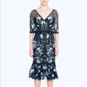 Marchesa Navy lace embroidery cocktail dress